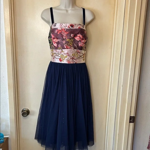 Anthropologie Moulinette Soeurs Floral and Navy Tulle Dress size 14 - Picture 1 of 16